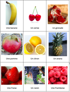 three by three grid of different types of commons fruit, with their names written in French underneath