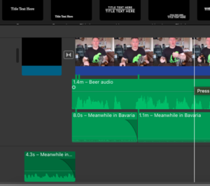 a snapshot of the green audio tracks in Imovie 10 to show the splitting of vocal and background tracks.